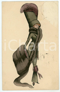 1911 ART NOUVEAU Winter FASHION - Lady with fur muff (3) Illustrated postcard  Cartolina postale d'epoca, illustrata, viaggiata.CONDIZIONI: F (lievi macchie; piccola smussatura angolare)FORMATO: FPEDIZIONE: B.K.W.I. 763-6    originale e autentica 1