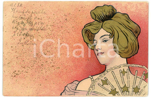 1900 FRANCE ART NOUVEAU - Woman - Stars - Golden postcard  Cartolina postale d'epoca, viaggiata.CONDIZIONI: P (piegature angolari)FORMATO: FP    originale e autentica 1
