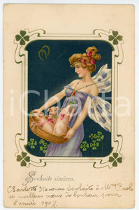 1906 ART NOUVEAU - Lady with pigs and four-leaf clover - Postcard  Cartolina postale d'epoca, viaggiata.CONDIZIONI: GFORMATO: FP    originale e autentica 1