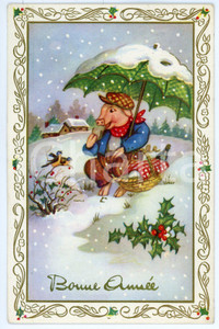 1915 BONNE ANNÉE - Pig eating sitting in the snow - Carte postale  Cartolina postale d'epoca, viaggiata.CONDIZIONI: G FORMATO: FP    originale e autentica 1