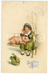 1913 BONNE ANNÉE  Little girl on a bench with pig - French vintage postcard  Cartolina postale d'epoca, viaggiata.CONDIZIONI: G FORMATO: FP    originale e autentica 1
