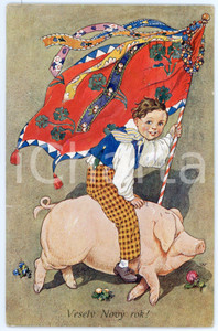 1911 Vesely Novy Rok - Artist J. WENIGA - Child with flag riding a pig *Postcard  Cartolina postale d'epoca, viaggiata.CONDIZIONI: GFORMATO: FP    originale e autentica 1