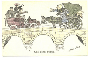 1904 HUMOUR Les cinq têtus - Car vs. carriage - Artist Xavier SAGER Postcard FP  Cartolina postale d'epoca, viaggiata.CONDIZIONI: G (minime piegature angolari)FORMATO: FP    originale e autentica 1