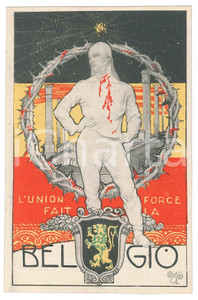 1918 BELGIQUE L'union fait la force - Carte postale ILLUSTRÉE FP NV  Cartolina postale d'epoca, non viaggiata. FAIR/discreto Lievi smussature agli angoli Formato: FP originale e autentica 1