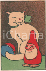 1910 ca ANIMALS White cat with gnome ILLUSTRATED Postcard FP NV  Cartolina d'epoca, illustrata, non viaggiata.CONDIZIONI: GOODFORMATO: FP    originale e autentica 1