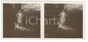 1920 ca VINTAGE EROTIC Le nu stéréo en plein air - Two women near a tree *Photo Fotografia stereoscopica d'epoca, appartenente alla collana "Le nu st&eacute;r&eacute;o en plein air".EDITORE: Editions St&eacute;reo Novelti Accademia - Paris  GOOD/buono  Formato: 13x6 cm originale e autentica 1