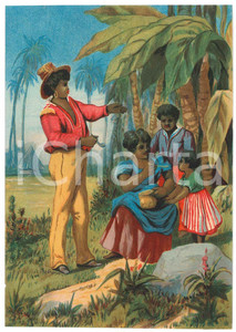 1910 ca FRANCE Portrait de famille africaine *Estampe publicitaire coloniale Stampa pubblicitaria d'epoca, a colori, con timbro al verso "Stanislas d'Escrivan - La Grande Epicerie - Marseille". GOOD/buono  Formato: 13x18 cm originale e autentica 1