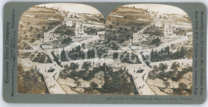 1910 ca JERUSALEM Garden of Gethsemane and Mount of Olives *Stereoview KEYSTONE Fotografia stereoscopica d'epoca, su cartoncino rigido.EDITORE: Meadville, Pa.  - Keystone View Company  GOOD/buono  Formato: 18x9 cm originale e autentica 1