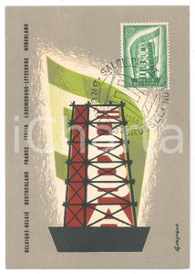 1956 BRUXELLES Emissione Europa-CEPT Cartolina timbro primo giorno FG Cartolina d'epoca, con affrancatura annullata il primo giorno di emissione del francobollo durante il Salon Philatelique di Bruxelles.  FAIR/discreto Lievi smussature agli angoli Formato: 15x10 originale e autentica 1