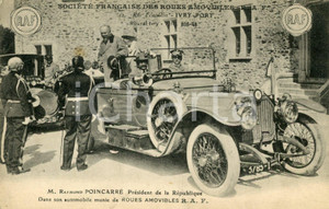 1915 ca IVRY Raymond POINCARÉ dans sons automobile munie de roues amovibles RAF  Cartolina postale d'epoca, viaggiata.CONDIZIONI: FAIR (lievi piegature agli angoli e piccole bruniture)FORMATO: FP    originale e autentica 1