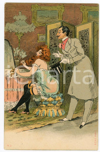 1900 ca VINTAGE EROTIC Couple in a boudoir - Illustrated chromo postcard (1)  Cartolina postale d'epoca, non viaggiata. GOOD/buono  Formato: 9x14 cm originale e autentica 1