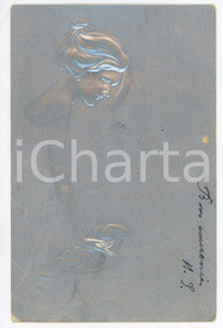 1900 ca ART NOUVEAU Young woman - ILLUSTRATED RARE embossed silver postcard  Pregevole cartolina postale d'epoca, illustrata, viaggiata (ma priva del francobollo).CONDIZIONI: POOR (piegature angolari e marginali, con piccole abrasioni)FORMATO: FP    originale e autentica 1