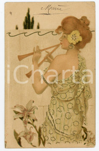 1906 ART NOUVEAU Young woman playing the double flute - ILLUSTRATED postcard  Pregevole cartolina postale d'epoca, illustrata, viaggiata.CONDIZIONI: POOR (sbrecciatura all'angolo superiore destro)FORMATO: FP    originale e autentica 1