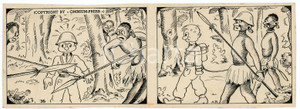 1940 DRUMPIE'S DOLLE ADVENTUREN Colonial comic strip 36 A. REUVERS Original art Striscia a fumetti d'epoca, originale e autentica. Disegno originale a china firmato A. Reuvers. EDITORE: Omnium PressEDITORE: Omnium PressCONDIZIONI: FAIRDIMENSIONI: 25x9 cm    originale e autentica 1