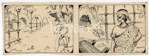 1940 DRUMPIE'S DOLLE ADVENTUREN Colonial comic strip 37 A. REUVERS Original art Striscia a fumetti d'epoca, originale e autentica. Disegno originale a china firmato A. Reuvers. EDITORE: Omnium PressEDITORE: Omnium PressCONDIZIONI: FAIRDIMENSIONI: 25x9 cm    originale e autentica 1
