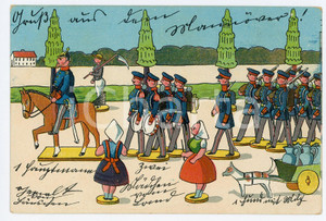 1900 ca GERMANY - TOYS Puppet army ILLUSTRATED Postcard FP NV  Cartolina postale d'epoca, NON viaggiata. FAIR/discreto lievi smussature e sbrecciature agli angoli Formato: FP originale e autentica 1