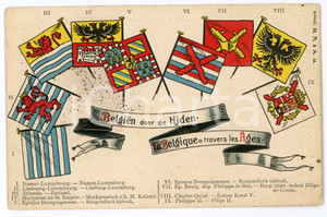 1900 ca BELGIQUE à travers les ages ILLUSTRATED embossed postcard FP NV  Cartolina d'epoca, non viaggiata. FAIR/discreto smussature agli angoli, piegatura all'angolo inferiore sinistro Formato: FP originale e autentica 1