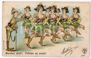 1907 BELGIQUE - HUMOUR Marchez droit! Poitrine en avant! - Carte postale FP VG  Cartolina postale d'epoca, viaggiata. VERY POOR/gravemente danneggiato carta lenta, parziale distacco degli strati della carta Formato: FP originale e autentica 1