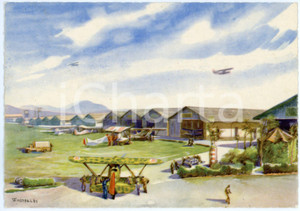 1942 CASERTA Regia Accademia Aeronautica - Campo di volo - Cartolina FG NV  Cartolina postale d'epoca, non viaggiata.Illustrazione di Riccobaldi.CONDIZIONI: FAIRFORMATO: FG    originale e autentica 1