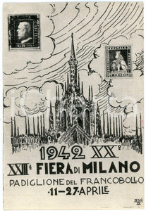 1942 XXIII FIERA MILANO Padiglione del francobollo Cartolina con timbro BOLAFFI Cartolina postale d'epoca, viaggiata. Al verso timbro di annullo della manifestazione e della Ditta Alberto Bolaffi di Torino.  FAIR/discreto Lievi smussature agli angoli, piega al margine sinistro Formato: FG originale e autentica 1