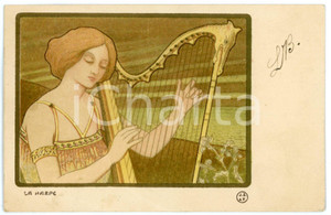 1900 ca ART NOUVEAU Artist Paul BERTHON - La Harpe - Lady - Postcard  Cartolina postale d'epoca, viaggiata. FAIR/discreto piegatura angolare e al lato inferiore; macchia di inchiostro al verso Formato: 14x9 cm originale e autentica 1