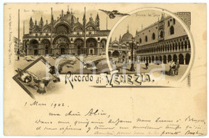 1902 VENEZIA Vedutine Piazza SAN MARCO e Palazzo del Doge - Cartolina ANIMATA  Cartolina postale d'epoca, viaggiata.CONDIZIONI: F (piccolo strappo e sbrecciatura al lato superiore; lieve piega all'angolo superiore destro; leggere macchie al recto)FORMATO: FP    originale e autentica 1