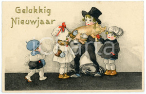 1932 GELUKKIG NIEUWJAAR Children with lucky pig - Dutch old embsossed postcard Cartolina postale d'epoca, viaggiata.CONDIZIONI: GFORMATO: FP    originale e autentica 1