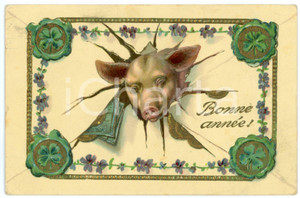 1911 BONNE ANNEE Lucky pig with coin and four leaf clovers *Embossed postcard  Cartolina postale d'epoca, viaggiata.CONDIZIONI: F (minime abrasioni ai lati dovute al distaccamento della pellicola superficiale)FORMATO: FP    originale e autentica 1