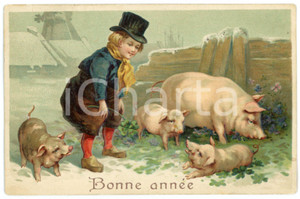 1910 BONNE ANNEE Lucky child with four leaf clovers and pigs - Embossed postcard  Cartolina postale d'epoca, viaggiata.CONDIZIONI: GFORMATO: FP    originale e autentica 1
