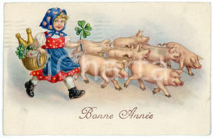 1934 BONNE ANNEE Lucky girl with four leaf clover, horseshoe and pigs *Postcard  Cartolina postale d'epoca, viaggiata.CONDIZIONI: GFORMATO: FP    originale e autentica 1