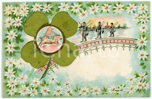 1905 ca ANIMALS Chimney sweeps with lucky pigs - Embossed postcard  Cartolina postale d'epoca, non viaggiata.Il quadrifoglio &egrave; realizzato con un inserto in tessuto.CONDIZIONI: GFORMATO: FP    originale e autentica 1