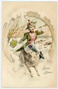 1900 ca BONNE ANNÉE Artist R. Hegedus GEIGER Pig and little trumpeter - Postcard  Cartolina postale d'epoca, non viaggiata.CONDIZIONI: G (minime smussature angolari)FORMATO: FP    originale e autentica 1
