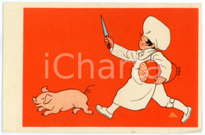 1920 ca HUMOUR Chef chases pig to make mortadella - Illustrated Postcard FP NV  Cartolina postale d'epoca, non viaggiata.SERIE: "La realt&agrave; romanzesca" Serie IEDITORE: Casa Mamma Domenica, MilanoCONDIZIONI: FAIRFORMATO: FP    originale e autentica 1