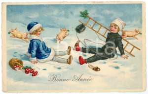 1935 BONNE ANNÃ‰E Chimney sweep with lucky pig - Illustrated postcard FP VG  Cartolina postale d'epoca, viaggiata.CONDIZIONI: FAIRFORMATO: FP    originale e autentica 1