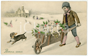 1909 BONNE ANNÃ‰E Child with pigs in wheelbarrow - Illustrated postcard FP VG  Cartolina postale d'epoca, viaggiata.CONDIZIONI: GFORMATO: FP    originale e autentica 1