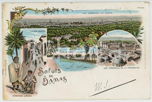 1900 ca DAMAS (SYRIE) Vue générale avec bédouins  - Carte postale A. PILTZ  Cartolina postale d'epoca, scritta ma non viaggiata.CONDIZIONI: G (minime smussature angolari)FORMATO: FPEDITORE: A. Piltz - Beirut    originale e autentica 1