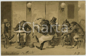 1910 ca ANIMALS Monkeys at the bar ANTHROPOMORPHIC Embossed Postcard FP VG  Cartolina postale d'epoca, viaggiata.CONDIZIONI: FAIR (piccola sbrecciature al margine destro)FORMATO: FP    originale e autentica 1