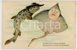Cartolina originale da collezione 1910 ca ANIMAUX Poissons  Le moine et le curÃ© ANTHROPOMORPHIC Embossed Postcard 1