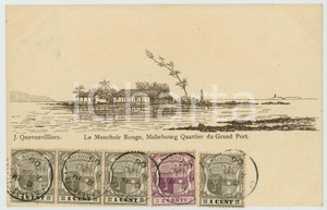 1906 MAHEBOURG (Grand Port, MAURITIUS) Le Mouchoir Rouge - Illustrated postcard  Cartolina postale d'epoca, con striscia di cinque francobolli timbrati al recto.CONDIZIONI: GFORMATO: FP    originale e autentica 1