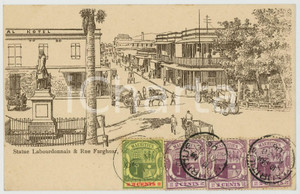 1906 PORT LOUIS (MAURITIUS) Statue Labourdonnais - Rue Farghuar *Postcard  Cartolina postale d'epoca, con striscia di quattro francobolli timbrati al recto.CONDIZIONI: GFORMATO: FP    originale e autentica 1
