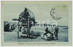 1922 ASMARA (ERITREA ITALIANA) Cammello che trasporta masserizie indigene  Cartolina postale d'epoca, con timbro datario al recto (francobollo asportato).CONDIZIONI: FAIR (piccole piegature angolari)FORMATO: FPEDITORE: P. Beltrami - Asmara    originale e autentica 1