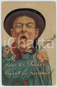 1910 ca FRANCE - HUMOUR "M... pour les boches. Vivent les poireaux" Postcard FP  Cartolina postale d'epoca, non viaggiata ma con nota manoscritta al verso. FAIR/discreto Smussature e piegature agli angoli Formato: FP originale e autentica 1