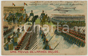 1906 ARMEE BELGE - Une revue - Carte postale CPA Marcovici ILLUSTREE  Cartolina postale d'epoca, viaggiata.EDITORE: Marcovici - Bruxelles FAIR/discreto lievi piegature angolari; piccole macchie al verso; piccola sbrecciatura marginale Formato: 14x9 cm originale e autentica 1