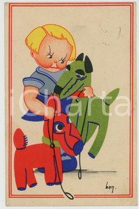 1939 CHILDREN Little girl playing with two plush dogs ILLUSTRATED Postcard FP VG  Cartolina postale d'epoca, viaggiata.  FAIR/discreto Lievi smussature agli angoli Formato: FP originale e autentica 1