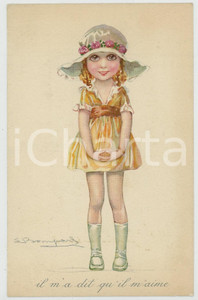 1910 ca CHILDREN Girl with hat - Il m'a dit qu'il m'aime ILLUSTRATED Postcard FP  Cartolina postale d'epoca, non viaggiata. POOR/danneggiato Piegatura all'angolo inferiore destro Formato: FP originale e autentica 1