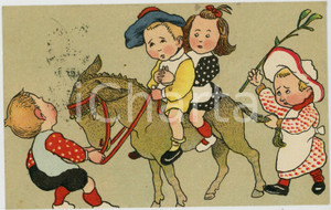 1905 ca CHILDREN playing with a donkey ILLUSTRATED Postcard FP VG  Cartolina d'epoca, viaggiata. POOR/danneggiato Smussature agli angoli, macchie di inchiostro al verso Formato: FP originale e autentica 1