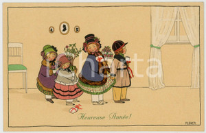 1910 ca BONNE ANNEE Children waiting with presents - ill. P. EBNER - Postcard  Cartolina postale d'epoca, viaggiata.CONDIZIONI: GFORMATO: FP    originale e autentica 1