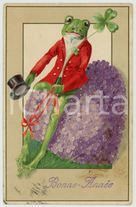 1911 BONNE ANNEE Frog with four leaf clovers - Anthropomorphic embossed postcard  Cartolina postale d'epoca, viaggiata.CONDIZIONI: P (macchie diffuse al recto, piccolo strappo al lato superiore, lieve piegatura all'angolo inferiore sinistro)FORMATO: FP    originale e autentica 1