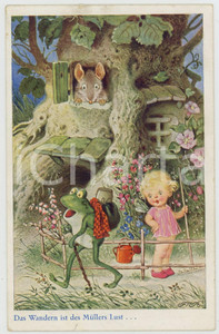 1936 ANIMALS Das Wandern ist des Müllers Lust - Frog and baby fairy - Postcard  Cartolina postale d'epoca, viaggiata (ma francobollo asportato).CONDIZIONI: F (sbrecciature al margine superiore; lieve piegatura al lato inferiore)FORMATO: FP    originale e autentica 1