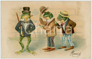 1904 ANIMALS Three gentlemen frogs smoking cigar - Anthropomorphic postcard  Cartolina postale d'epoca, viaggiata.CONDIZIONI: F (lievi macchie al recto)FORMATO: FP    originale e autentica 1